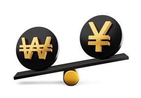 3d Golden Won And Yen Symbol On Rounded Black Icons With 3d Balance Weight Seesaw, 3d illustration photo