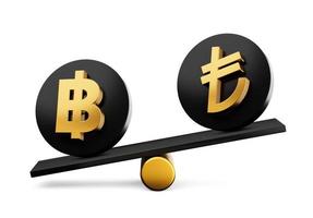 3d Golden Baht And Lira Symbol On Rounded Black Icons With 3d Balance Weight Seesaw, 3d illustration photo