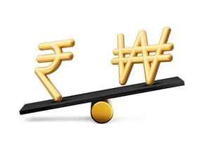 3d Golden Indian Rupee And Won Symbol Icons With 3d Black Balance Weight Seesaw, 3d illustration photo