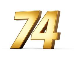 Gold number 74 Seventy Four isolated white background. shiny 3d number made of gold 3d illustration photo