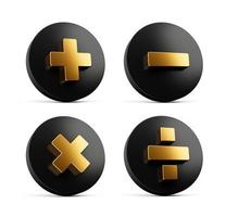 3d dorado más, menos, multiplicar y dividir símbolo en redondeado negro iconos, 3d ilustración foto