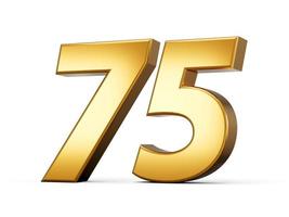 Gold number 75 Seventy Five isolated white background. shiny 3d number made of gold 3d illustration photo