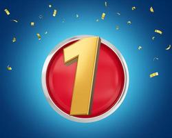 Gold Number 1 Gold Number One On Rounded Red Icon with Particles On Blue Background, 3d illustration photo