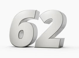 3d Shiny Silver Number 62, Sixty Two 3d Silver Number Isolated On White Background, 3d illustration photo