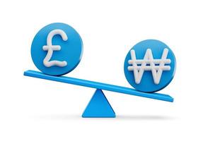 3d White Pound And Won Symbol On Rounded Blue Icons With 3d Balance Weight Seesaw, 3d illustration photo