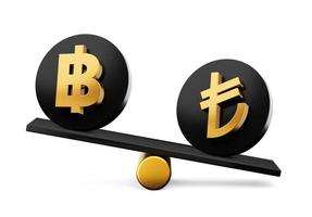 3d Golden Baht And Lira Symbol On Rounded Black Icons With 3d Balance Weight Seesaw, 3d illustration photo