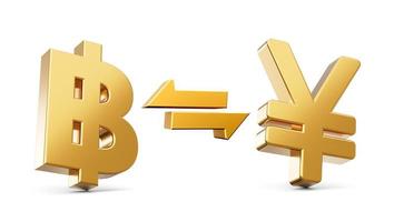 3d Golden Baht And Yen Symbol Icons With Money Exchange Arrows On White Background, 3d illustration photo