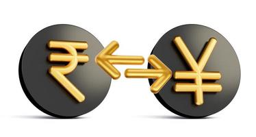 3d dorado indio rupia y yen símbolo en redondeado negro icono con dinero intercambiar flechas 3d ilustración foto