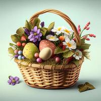 Easter bucket with eggs and flowers for spring Easter Holiday. Ai generative photo