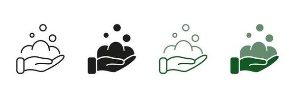 Prevention, Care and Protection Health. Washing Hands with Soap Symbol Collection. Human Hand, Soap Foam and Bubbles Line and Silhouette Icon Set. Isolated Vector illustration.