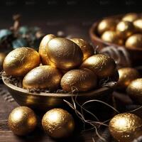 Easter beautiful shiny golden egg in bowl on a table. Easter card template. photo