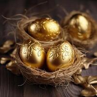 Easter beautiful shiny golden eggs in bird nests on the table. Easter card template. photo