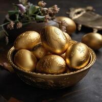Easter beautiful shiny golden egg in bowl on a table. Easter card template. photo