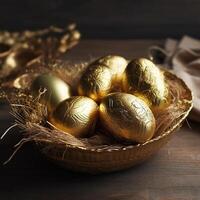 Easter beautiful shiny golden egg in bird nest on white background. Easter card template. photo