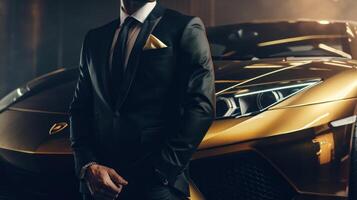 A Close-Up of a Rich Businessman Standing in Front of a Luxurious Supercar. photo