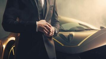 A Close-Up of a Rich Businessman Standing in Front of a Luxurious Supercar. photo