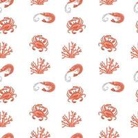 Pattern with crabs, corals and shrimps, flat style vector illustration.