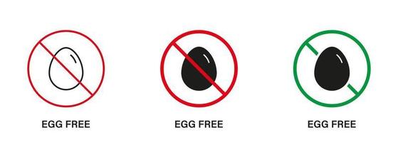 Egg Free Silhouette and Line Icon Set. Chicken and Eggs Nourishment Stop Sign. Egg Allergic Product Forbidden Symbol. Guaranteed Safe Dietary Vegan Food Logo. No Eggs. Isolated Vector Illustration.