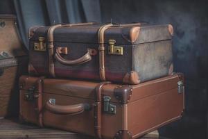 Vintage old classic travel leather suitcases on background. 90's concepts. Vintage style filtered photo. photo