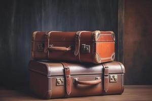 Clásico antiguo clásico viaje cuero maletas en antecedentes. Años 90 conceptos. Clásico estilo filtrado foto. foto