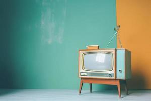 Retro old television on background. 90's concepts. Vintage style filtered photo. photo