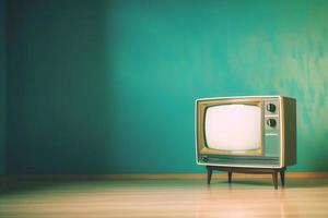 Retro old television on background. 90's concepts. Vintage style filtered photo. photo