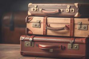 Vintage old classic travel leather suitcases on background. 90's concepts. Vintage style filtered photo. photo