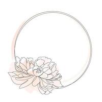 Round frame with Peony flower and watercolor elements. Single line Peony flower vector illustration. Beautiful line art for print. Minimalist style elegant drawing