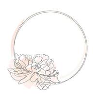 Round frame with Peony flower and watercolor elements. Single line Peony flower vector illustration. Beautiful line art for print. Minimalist style elegant drawing