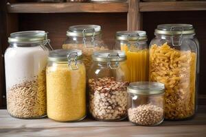 Photo of jars filled with assorted food items for meal preparation or storage.