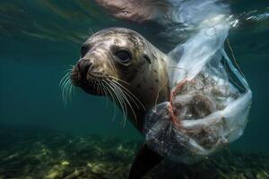 A baby seal trapped in plastic debris floating in the North Pacific, underwater photography. The concept of an ecological disaster caused by plastic garbage. photo