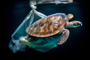 Tortuga atrapado en el plastico basura flotante en el norte Pacífico, submarino fotografía. el concepto de un ecológico desastre causado por el plastico basura. ai generado foto