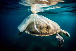 Tortuga atrapado en el plastico basura flotante en el norte Pacífico, submarino fotografía. el concepto de un ecológico desastre causado por el plastico basura. ai generado foto