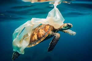 Tortuga atrapado en el plastico basura flotante en el norte Pacífico, submarino fotografía. el concepto de un ecológico desastre causado por el plastico basura. ai generado foto