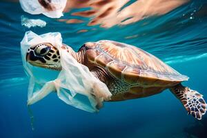 Turtle trapped in plastic garbage floating in the North Pacific, underwater photography. The concept of an ecological disaster caused by plastic garbage. AI Generated photo