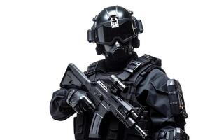 un prototipo de un moderno negro militar policía uniforme para especial unidades. el concepto de futurista militar soluciones muestra el futuro de armamento. ai generado foto