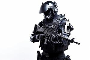 un prototipo de un moderno negro militar policía uniforme para especial unidades. el concepto de futurista militar soluciones muestra el futuro de armamento. ai generado foto