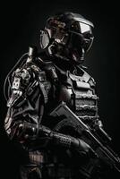 A prototype of a modern black military police uniform for special units. The concept of futuristic military solutions shows the future of armaments. photo