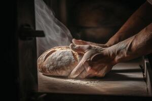 A baker baking traditional, healthy bread in a large oven. Healthy real bread produced using the traditional method. photo