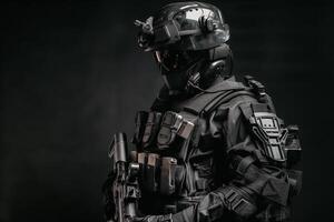 un prototipo de un moderno negro militar policía uniforme para especial unidades. el concepto de futurista militar soluciones muestra el futuro de armamento. ai generado foto