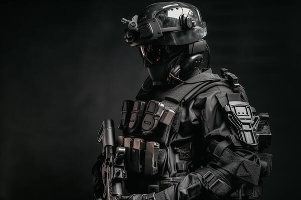 A prototype of a modern black military police uniform for special
