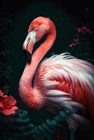 un hermosa exótico pájaro, un de cuello largo rosado flamenco en pie con orgullo en el agua en contra un oscuro antecedentes con un hoja modelo. ai generado foto