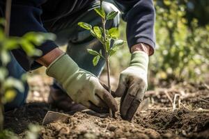 A gardener in gloves plants young tree seedlings into the ground. The concept of spring and the beginning of work in the garden. photo