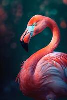 A beautiful exotic bird, a long-necked pink flamingo standing proudly in the water against a dark background with a leaf pattern. photo