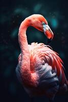 A beautiful exotic bird, a long-necked pink flamingo standing proudly in the water against a dark background with a leaf pattern. photo