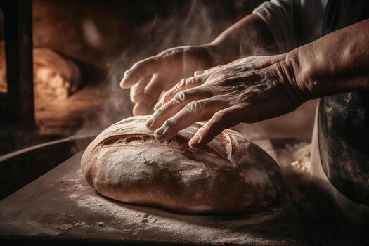 A baker baking traditional, healthy bread in a large oven. Healthy real bread produced using the traditional method. photo