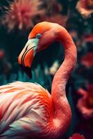 A beautiful exotic bird, a long-necked pink flamingo standing proudly in the water against a dark background with a leaf pattern. photo