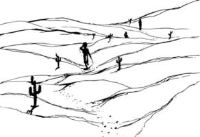 Hand drawn vector nature illustration with sketch with a man walking on the desert.