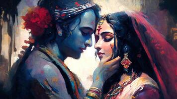 radha Krishna en amor pintura pared Arte 8k generativo ai foto