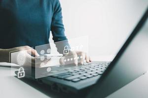 Verification of information with finger print by smart phone, Internet security, online financial transaction, 2-step verification, confirm transaction and identity. photo